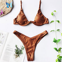 Load image into Gallery viewer, Neon V-bar Underwired Bikini Female Ribbed Swimsuit Women Swimwear Two-pieces Bikini set Push up Bathing Suit