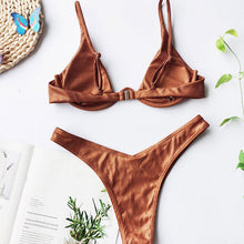 Load image into Gallery viewer, Neon V-bar Underwired Bikini Female Ribbed Swimsuit Women Swimwear Two-pieces Bikini set Push up Bathing Suit