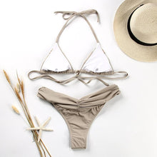 Load image into Gallery viewer, Handwork Bikinis Small Ruffle Swimsuit Vintage Print Swimwear Women Bathing Suit Leopard Patchwork Bikini Set String