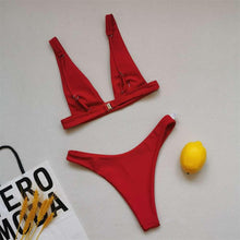 Load image into Gallery viewer, Summer Bikini Stylish Swimwear Women Halter Push Up Bikini Women's Neck Triangle Bikini Set Leopard Print Two Piece Swimsuits Set Swimsuit Female Lemon Print Bandage Bathing Suit