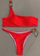 Load image into Gallery viewer, Luxury Purple Halter Crystal Diamond Bikini Female Swimsuit Women Swimwear Rhinestone Bikini Set Bathing Suit Women's Swimwear Rhinestone Halter Low Waist Tie Side Bikini Set 2 Pieces Crystal Diamond Swimsuit