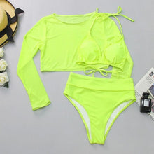 Load image into Gallery viewer, Neon Yellow Crop Top Swimwear Women Summer 3 Pieces Swimsuit Bikini Sets With Sheer Crop Top Cover Up Beachwear Mesh Long Sleeve Cover Ups Top Three Piece Swimsuit Bikini Set