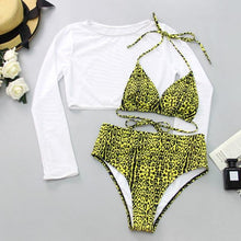Load image into Gallery viewer, Neon Yellow Crop Top Swimwear Women Summer 3 Pieces Swimsuit Bikini Sets With Sheer Crop Top Cover Up Beachwear Mesh Long Sleeve Cover Ups Top Three Piece Swimsuit Bikini Set