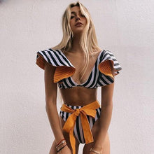 Load image into Gallery viewer, Two-Pieces Women Floral Push-Up Padded Bra Ruffles Bikini Set Swimsuit Swimwear Bathing Suit Beachwear Floral Printed Swimsuit Knotted String Triangle Bikini Tie Side High Cut Cheeky Bikini Set