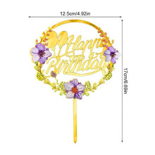 Load image into Gallery viewer, 1Pcs Metal Happy Birthday Cake Topper Artificial flowers Cake Toppers Happy Birthday Cake Topper Metal And Acrylic Cake Decoration With Pink Artificial Flower Cluster For DIY Baby Shower Birthday Party Decoration Baking Decor