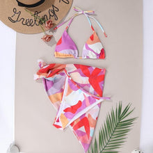 Load image into Gallery viewer, Print Swimsuit 3 Piece Mesh Bikini Set Women's Ribbed Floral Bikini Set Tie Side Swimsuit Cover Ups Daisy Butterfly Print Three Piece Bikini Swimwear Triangle Micro Bikini String Halter Swimwear Women Low Waist Bathing Suit