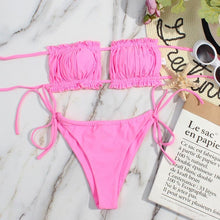 Load image into Gallery viewer, Bikini Women Swimsuit Female Low Waist Swimwear Women Beach Mini Thong Bikini Set Bathing Suit Women Thong Swimsuits Strapless 2 Piece Bikini String Tie Ruffle Brazilian Bathing Suit