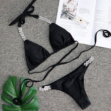 Load image into Gallery viewer, Luxury Purple Halter Crystal Diamond Bikini Female Swimsuit Women Swimwear Rhinestone Bikini Set Bathing Suit Women's Swimwear Rhinestone Halter Low Waist Tie Side Bikini Set 2 Pieces Crystal Diamond Swimsuit