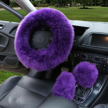 Load image into Gallery viewer, 3PCS Fur Steering Wheel Cover Set Real Sheepskin Auto Plush Warm Fluffy Fuzzy Women Winter Fashion Wool Fur Soft Furry Steering Wheel Covers Blue Fluffy Handbrake Cover Gear Shift Cover Fuzz Warm Non-slip Car Decoration Car Accessories for Women Girl