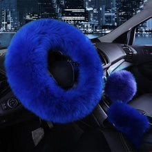 Load image into Gallery viewer, 3PCS Fur Steering Wheel Cover Set Real Sheepskin Auto Plush Warm Fluffy Fuzzy Women Winter Fashion Wool Fur Soft Furry Steering Wheel Covers Blue Fluffy Handbrake Cover Gear Shift Cover Fuzz Warm Non-slip Car Decoration Car Accessories for Women Girl
