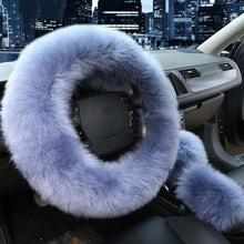 Load image into Gallery viewer, 3PCS Fur Steering Wheel Cover Set Real Sheepskin Auto Plush Warm Fluffy Fuzzy Women Winter Fashion Wool Fur Soft Furry Steering Wheel Covers Blue Fluffy Handbrake Cover Gear Shift Cover Fuzz Warm Non-slip Car Decoration Car Accessories for Women Girl