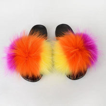 Load image into Gallery viewer, Summer Women Raccoon Fur Slippers Plush Slides Furry Sandals Fluffy House Shoes Girl's Cute Flip Flops Sandal With Soft Furry Faux Fox Fur House Outdoor Multicolor Slippers