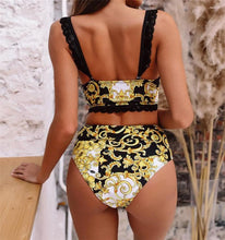 Load image into Gallery viewer, Vintage Black Print Women's Bikini Set Women's Halter Beautiful Print High Waist Swimsuit Bathing Suits Bikini Set Lace Strappy Padded Bra High Waist Bottoms Swimsuit Fashion Female Beachwear Luxury Swimwear