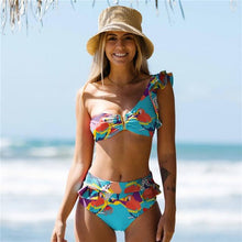 Load image into Gallery viewer, Two-Pieces Women Floral Push-Up Padded Bra Ruffles Bikini Set Swimsuit Swimwear Bathing Suit Beachwear Floral Printed Swimsuit Knotted String Triangle Bikini Tie Side High Cut Cheeky Bikini Set