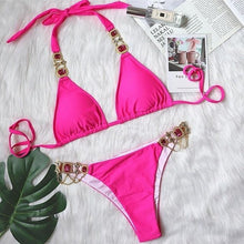 Load image into Gallery viewer, Luxury Purple Halter Crystal Diamond Bikini Female Swimsuit Women Swimwear Rhinestone Bikini Set Bathing Suit Women's Swimwear Rhinestone Halter Low Waist Tie Side Bikini Set 2 Pieces Crystal Diamond Swimsuit