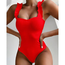 Load image into Gallery viewer, Luxury Black Female Swimsuit Vintage One Piece Ruffled Push Up Tummy Control Swimwear Halter One Piece Slimming Retro Swimsuit Women's Plus Size Push Up Bathing Suit Solid Red Swimwear Women Padded Bathing Suits