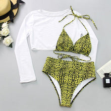 Load image into Gallery viewer, Neon Yellow Crop Top Swimwear Women Summer 3 Pieces Swimsuit Bikini Sets With Sheer Crop Top Cover Up Beachwear Mesh Long Sleeve Cover Ups Top Three Piece Swimsuit Bikini Set