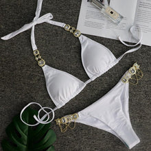 Load image into Gallery viewer, Luxury Purple Halter Crystal Diamond Bikini Female Swimsuit Women Swimwear Rhinestone Bikini Set Bathing Suit Women's Swimwear Rhinestone Halter Low Waist Tie Side Bikini Set 2 Pieces Crystal Diamond Swimsuit