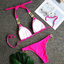 Load image into Gallery viewer, Luxury Purple Halter Crystal Diamond Bikini Female Swimsuit Women Swimwear Rhinestone Bikini Set Bathing Suit Women's Swimwear Rhinestone Halter Low Waist Tie Side Bikini Set 2 Pieces Crystal Diamond Swimsuit