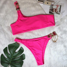 Load image into Gallery viewer, Luxury Purple Halter Crystal Diamond Bikini Female Swimsuit Women Swimwear Rhinestone Bikini Set Bathing Suit Women's Swimwear Rhinestone Halter Low Waist Tie Side Bikini Set 2 Pieces Crystal Diamond Swimsuit