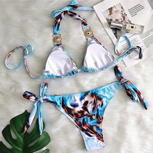 Load image into Gallery viewer, Luxury Purple Halter Crystal Diamond Bikini Female Swimsuit Women Swimwear Rhinestone Bikini Set Bathing Suit Women's Swimwear Rhinestone Halter Low Waist Tie Side Bikini Set 2 Pieces Crystal Diamond Swimsuit