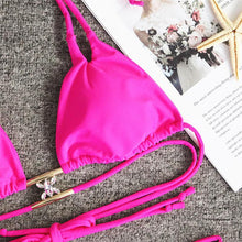 Load image into Gallery viewer, Luxury Purple Halter Crystal Diamond Bikini Female Swimsuit Women Swimwear Rhinestone Bikini Set Bathing Suit Women's Swimwear Rhinestone Halter Low Waist Tie Side Bikini Set 2 Pieces Crystal Diamond Swimsuit
