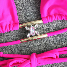 Load image into Gallery viewer, Luxury Purple Halter Crystal Diamond Bikini Female Swimsuit Women Swimwear Rhinestone Bikini Set Bathing Suit Women's Swimwear Rhinestone Halter Low Waist Tie Side Bikini Set 2 Pieces Crystal Diamond Swimsuit