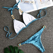 Load image into Gallery viewer, Luxury Purple Halter Crystal Diamond Bikini Female Swimsuit Women Swimwear Rhinestone Bikini Set Bathing Suit Women's Swimwear Rhinestone Halter Low Waist Tie Side Bikini Set 2 Pieces Crystal Diamond Swimsuit