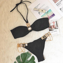 Load image into Gallery viewer, Luxury Purple Halter Crystal Diamond Bikini Female Swimsuit Women Swimwear Rhinestone Bikini Set Bathing Suit Women's Swimwear Rhinestone Halter Low Waist Tie Side Bikini Set 2 Pieces Crystal Diamond Swimsuit