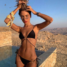 Load image into Gallery viewer, Vintage Print Bikini Female Handwork Small Ruffle Swimming Suit For Women Swimwear High Cut Bikini Set String Print Halter String Triangle Bikini Set Luxury Swimwear Two Piece Swimsuit