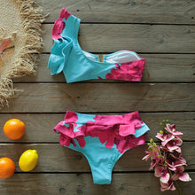 Load image into Gallery viewer, Two-Pieces Women Floral Push-Up Padded Bra Ruffles Bikini Set Swimsuit Swimwear Bathing Suit Beachwear Floral Printed Swimsuit Knotted String Triangle Bikini Tie Side High Cut Cheeky Bikini Set