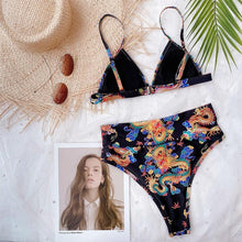 Load image into Gallery viewer, Modern Blue High Waist Bikini Push Up Swimwear Women Dragon Printed Bikini Set Retro Swimsuit Women's High Waist Bikini Swimsuits Twist Push Up Two Piece Bathing Suits Tummy Control Swimwear