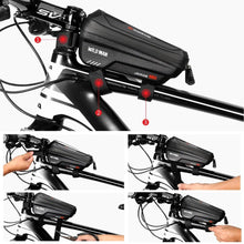Load image into Gallery viewer, Black Bike Bag Frame Front Top Tube Cycling Bag Waterproof Phone Case Touchscreen Bag Pack Bicycle Accessories Bike Bicycle Bag Waterproof Bike Phone Mount Bag Front Frame Top Tube Handlebar Bag Touch Screen Holder Case For Cell Phones 6.6in