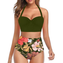 Load image into Gallery viewer, High Waist Bikini Leaf Print Swimsuit Women Push Up Swimwear Female Halter Bathing Suit Vintage Swimming Suit Women Vintage Underwire High Waist Swimsuit Two Pieces Halter Lace Up Adjustable Bikini Top