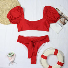 Load image into Gallery viewer, Bikini New 2 Piece Women Swimsuit Women's High Waist Bikini Set Fashion Puff Sleeve Swimwear Set Bathing Suits Solid Color Short Puff Sleeve Summer High Waist Cut Backless Bathing Suit Beachwear