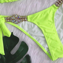 Load image into Gallery viewer, Luxury Purple Halter Crystal Diamond Bikini Female Swimsuit Women Swimwear Rhinestone Bikini Set Bathing Suit Women's Swimwear Rhinestone Halter Low Waist Tie Side Bikini Set 2 Pieces Crystal Diamond Swimsuit