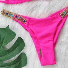 Load image into Gallery viewer, Luxury Purple Halter Crystal Diamond Bikini Female Swimsuit Women Swimwear Rhinestone Bikini Set Bathing Suit Women's Swimwear Rhinestone Halter Low Waist Tie Side Bikini Set 2 Pieces Crystal Diamond Swimsuit
