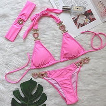 Load image into Gallery viewer, Luxury Purple Halter Crystal Diamond Bikini Female Swimsuit Women Swimwear Rhinestone Bikini Set Bathing Suit Women's Swimwear Rhinestone Halter Low Waist Tie Side Bikini Set 2 Pieces Crystal Diamond Swimsuit