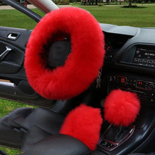 Load image into Gallery viewer, 3PCS Fur Steering Wheel Cover Set Real Sheepskin Auto Plush Warm Fluffy Fuzzy Women Winter Fashion Wool Fur Soft Furry Steering Wheel Covers Blue Fluffy Handbrake Cover Gear Shift Cover Fuzz Warm Non-slip Car Decoration Car Accessories for Women Girl