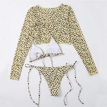 Load image into Gallery viewer, Leopard Print 3 Piece Set Long Sleeves Swimsuit 3 Piece Swimsuit Set Halter High Waist Bathing Suit With Long Sleeve Swimwear Cover Up Women's Swimming Bikini Low Waist Swimwear Women Bathing Suit