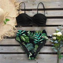 Load image into Gallery viewer, High Waist Bikini Set Women Bikini Flower Swimwear Women High Waist Bikini Halter Two Piece Bathing Suits Tummy Control Swimsuit Push Up Swimwear Vintage Halter Neck Swimsuit Female Green Bathing Suit