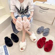 Load image into Gallery viewer, Fluffy Slippers Women Cozy Faux Fur Cross Indoor Floor Slides Flat Soft Furry Shoes Fluffy Furry Fur Slippers Flip Flop Open Toe Cozy House Memory Foam Sandals Slides Soft Flat Comfy Slippers