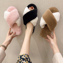 Load image into Gallery viewer, Fluffy Slippers Women Cozy Faux Fur Cross Indoor Floor Slides Flat Soft Furry Shoes Fluffy Furry Fur Slippers Flip Flop Open Toe Cozy House Memory Foam Sandals Slides Soft Flat Comfy Slippers