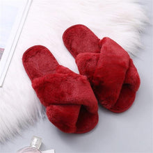 Load image into Gallery viewer, Fluffy Slippers Women Cozy Faux Fur Cross Indoor Floor Slides Flat Soft Furry Shoes Fluffy Furry Fur Slippers Flip Flop Open Toe Cozy House Memory Foam Sandals Slides Soft Flat Comfy Slippers