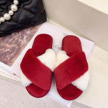 Load image into Gallery viewer, Fluffy Slippers Women Cozy Faux Fur Cross Indoor Floor Slides Flat Soft Furry Shoes Fluffy Furry Fur Slippers Flip Flop Open Toe Cozy House Memory Foam Sandals Slides Soft Flat Comfy Slippers