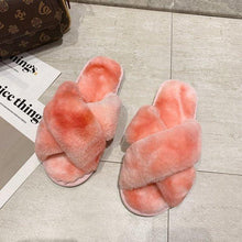 Load image into Gallery viewer, Fluffy Slippers Women Cozy Faux Fur Cross Indoor Floor Slides Flat Soft Furry Shoes Fluffy Furry Fur Slippers Flip Flop Open Toe Cozy House Memory Foam Sandals Slides Soft Flat Comfy Slippers
