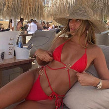 Load image into Gallery viewer, Bikini Triangle Adjust Swimwear Women's Crisscross Halter Bikini Lace Up Back Bandage Two Piece Strappy Bathing Suits G String Thong Swimwear Women Bathing Suit Hollow Out Quality Pleated Swimsuit Female Double-Sided Bikini Set