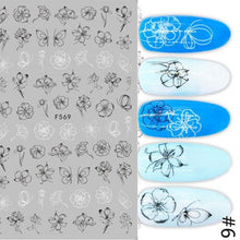 Load image into Gallery viewer, Spring Abtract Stripe Lines Flower Leaves 3D Nail Sticker Black White Butterfly Transfer Decals Slider Nail Art Decoration Decals Sticker For Pretty Girl Self-Adhesive Nail Decals Designer Nail Stickers for Acrylic Nail Art Decals Water Transfer Nail