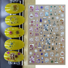 Load image into Gallery viewer, Gold Silver White Snowflakes 3D Nail Stickers Iridescent Self Adhesive Transfer Decals Manicures Art Decoration Slider Nails Decals Sticker Hot Sexy Girl Tip Back Glue Decal Cool Lollipop Self Adhesive Acrylic Tips Tool Decoration