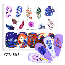 Load image into Gallery viewer, Autumn Simple Green Pink Pattern Water Nail Decal Sticker Flower Leaf Tree Winter Slider For Nail Art Manicuring Decoration Decals for Nail Art Decoration Including Hearts Stars Letters Bowknot Leaves Flowers Plants Fruits Butterflies